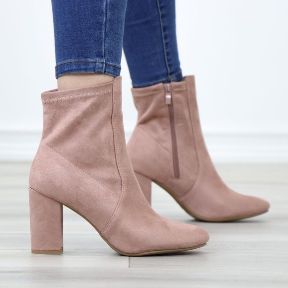 Pointed Toe Pink Faux Suede Block High Heel Above Ankle Boots - Picture 4 of 14